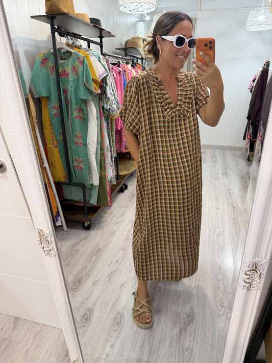 Vestido Puglia vichy kaki, chocolate y fucsia