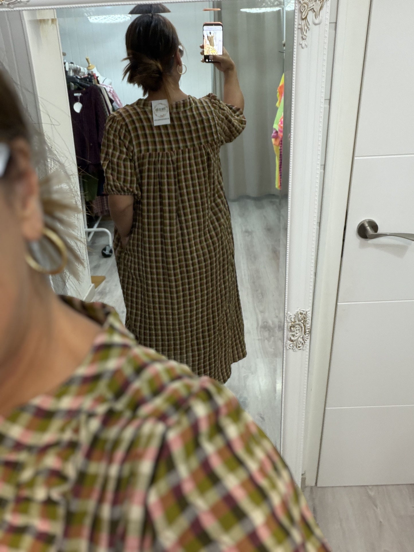 Vestido Puglia vichy kaki, chocolate y fucsia