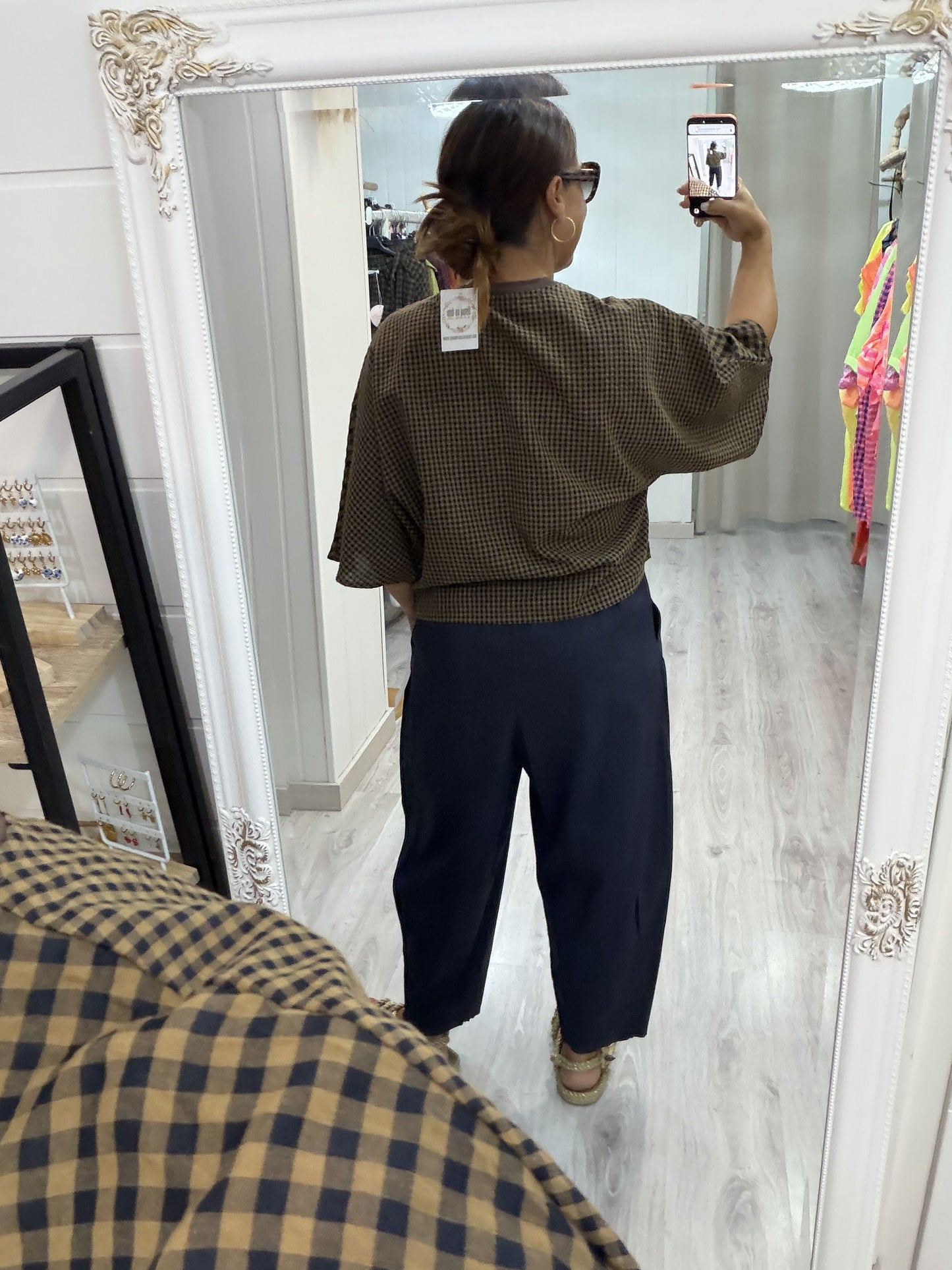 Camiseta Vichy camel y marino