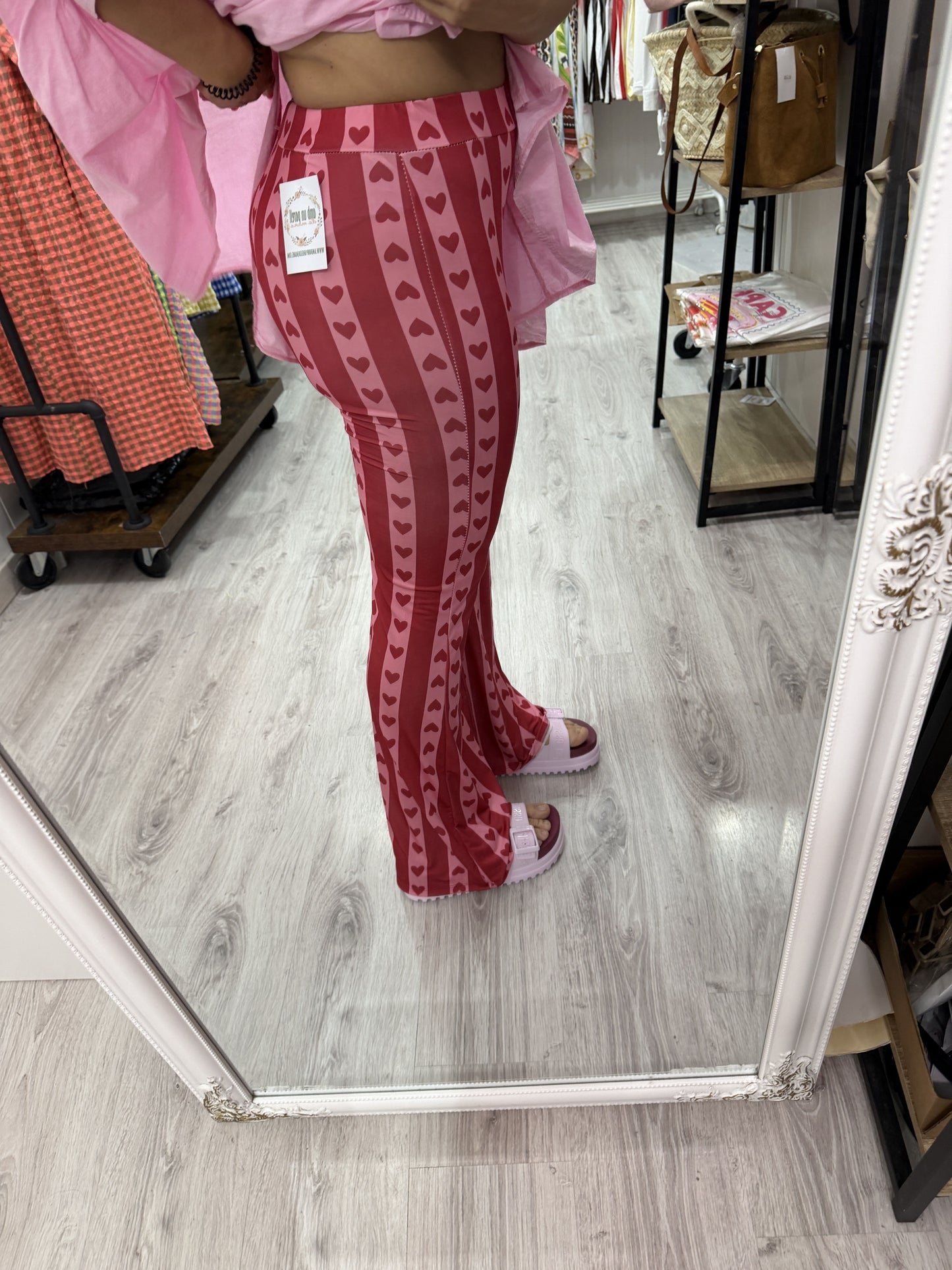 Pantalón Cuores campana licra fría rojo  y rosa