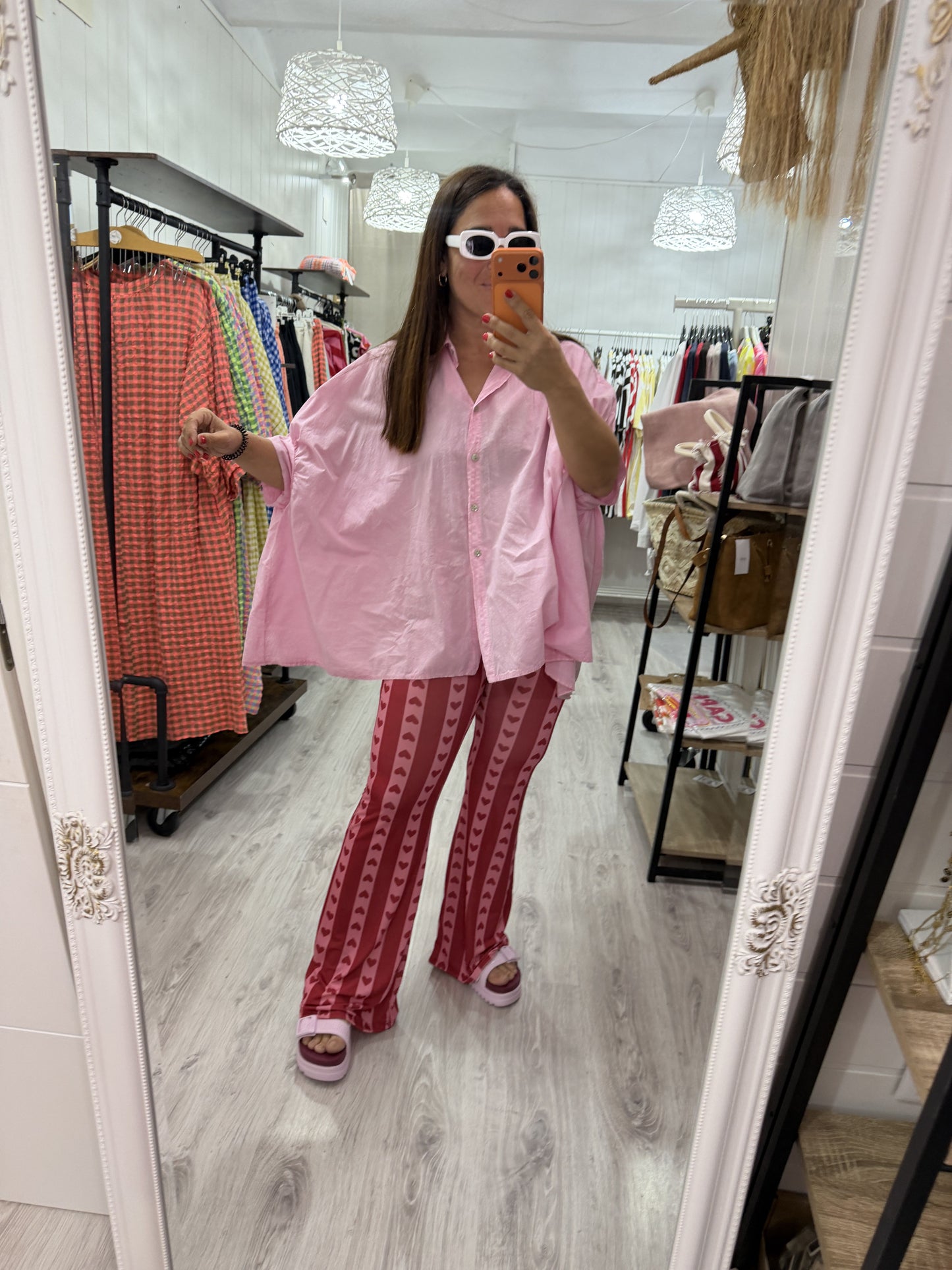 Pantalón Cuores campana licra fría rojo  y rosa