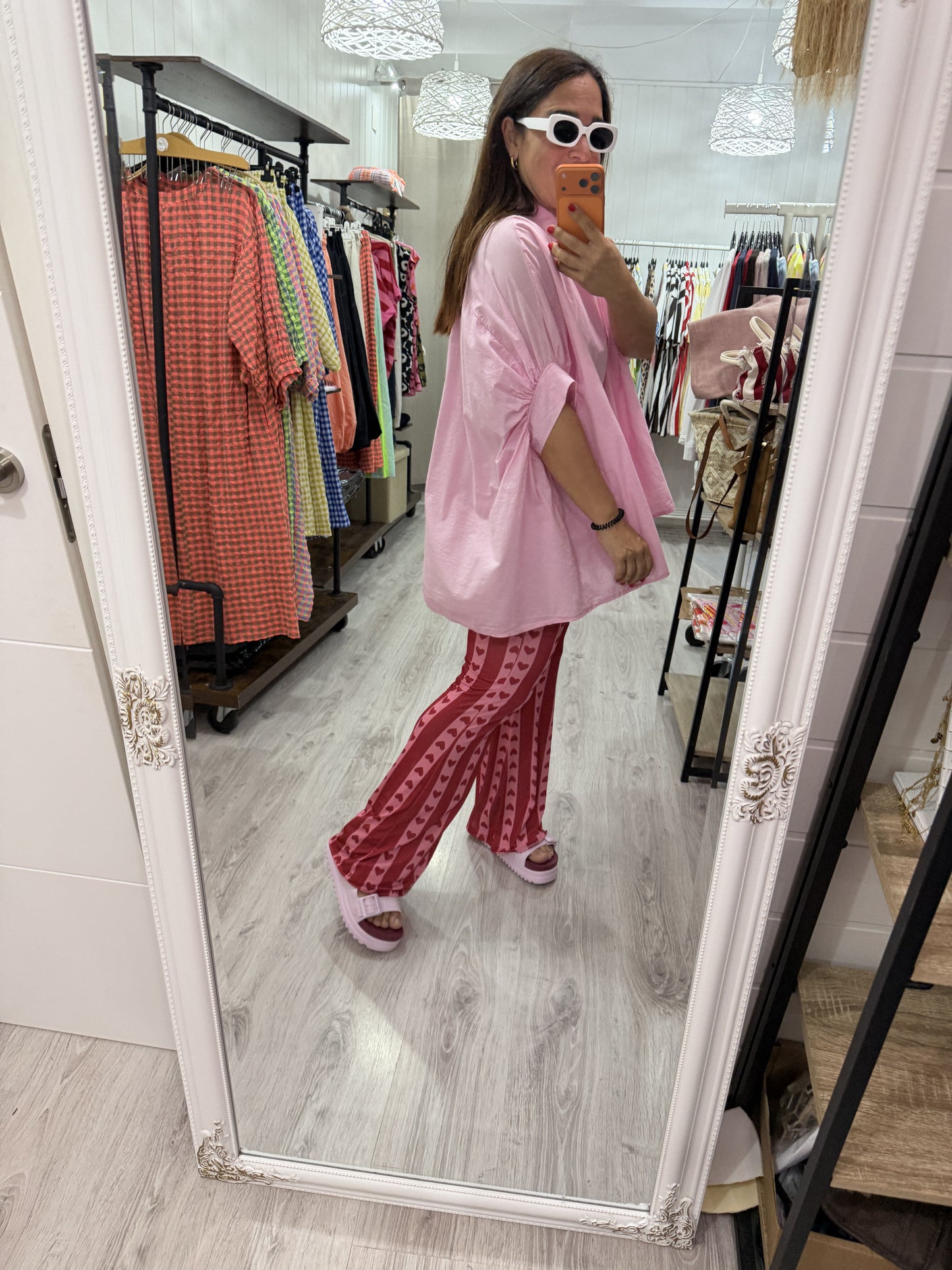 Pantalón Cuores campana licra fría rojo  y rosa