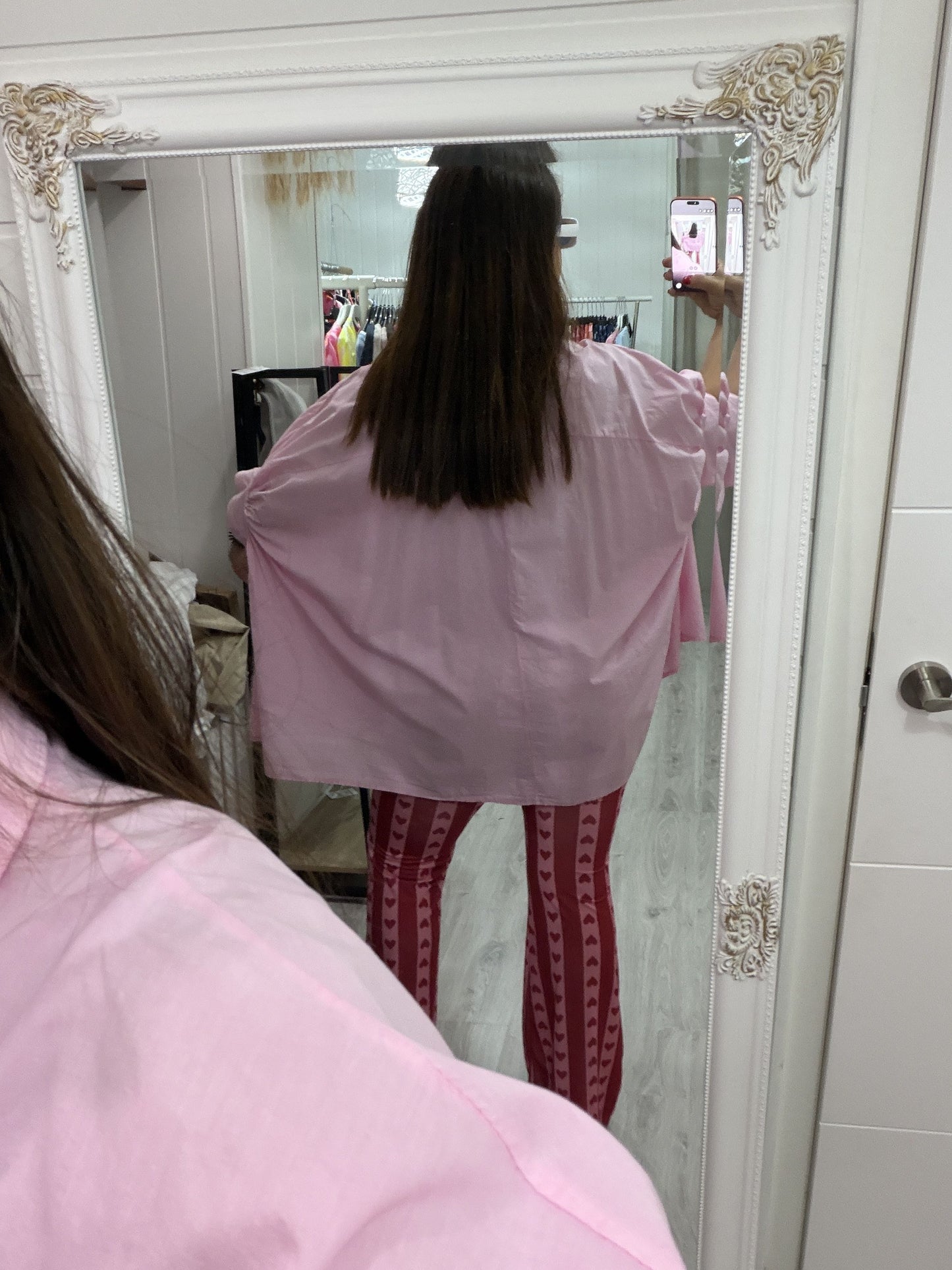 Pantalón Cuores campana licra fría rojo  y rosa