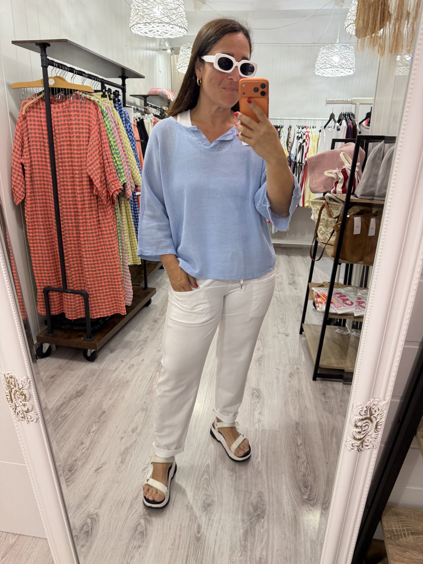 Camiseta Rejilla doble manga francesa azul cielo