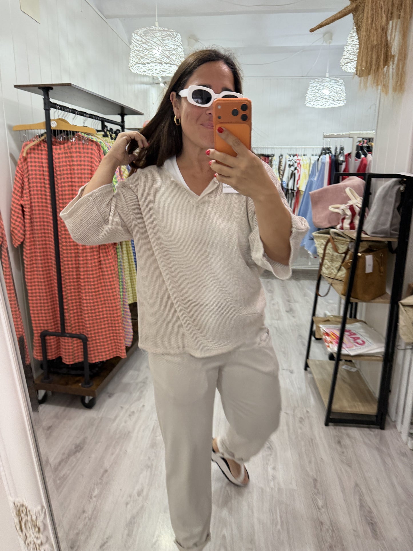 Camiseta Rejilla doble manga francesa beige