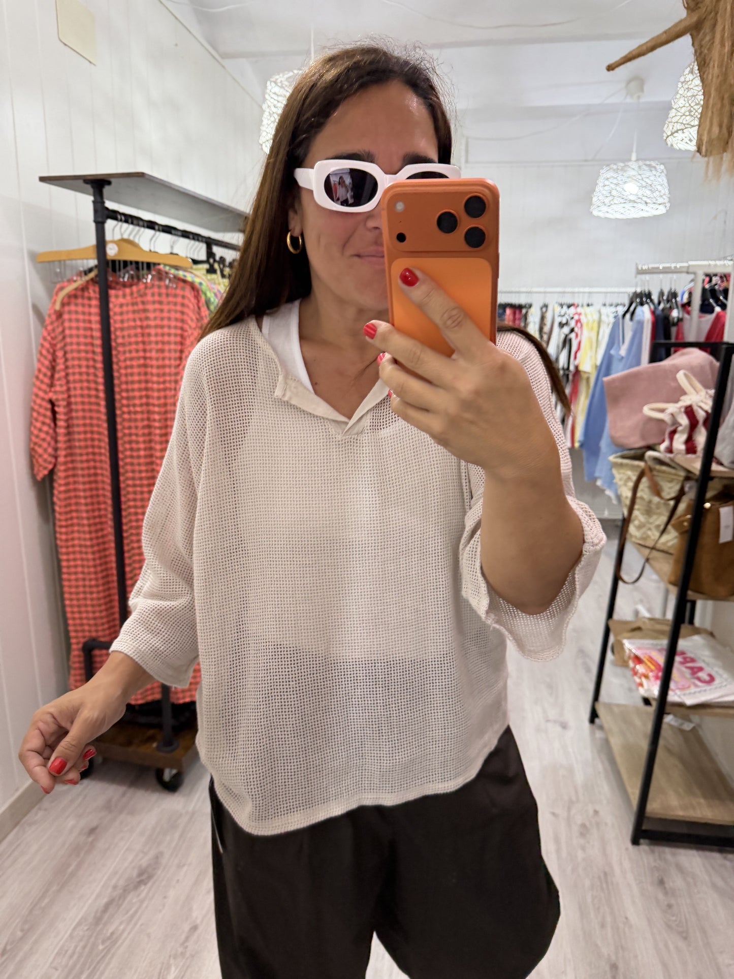 Camiseta Rejilla doble manga francesa beige