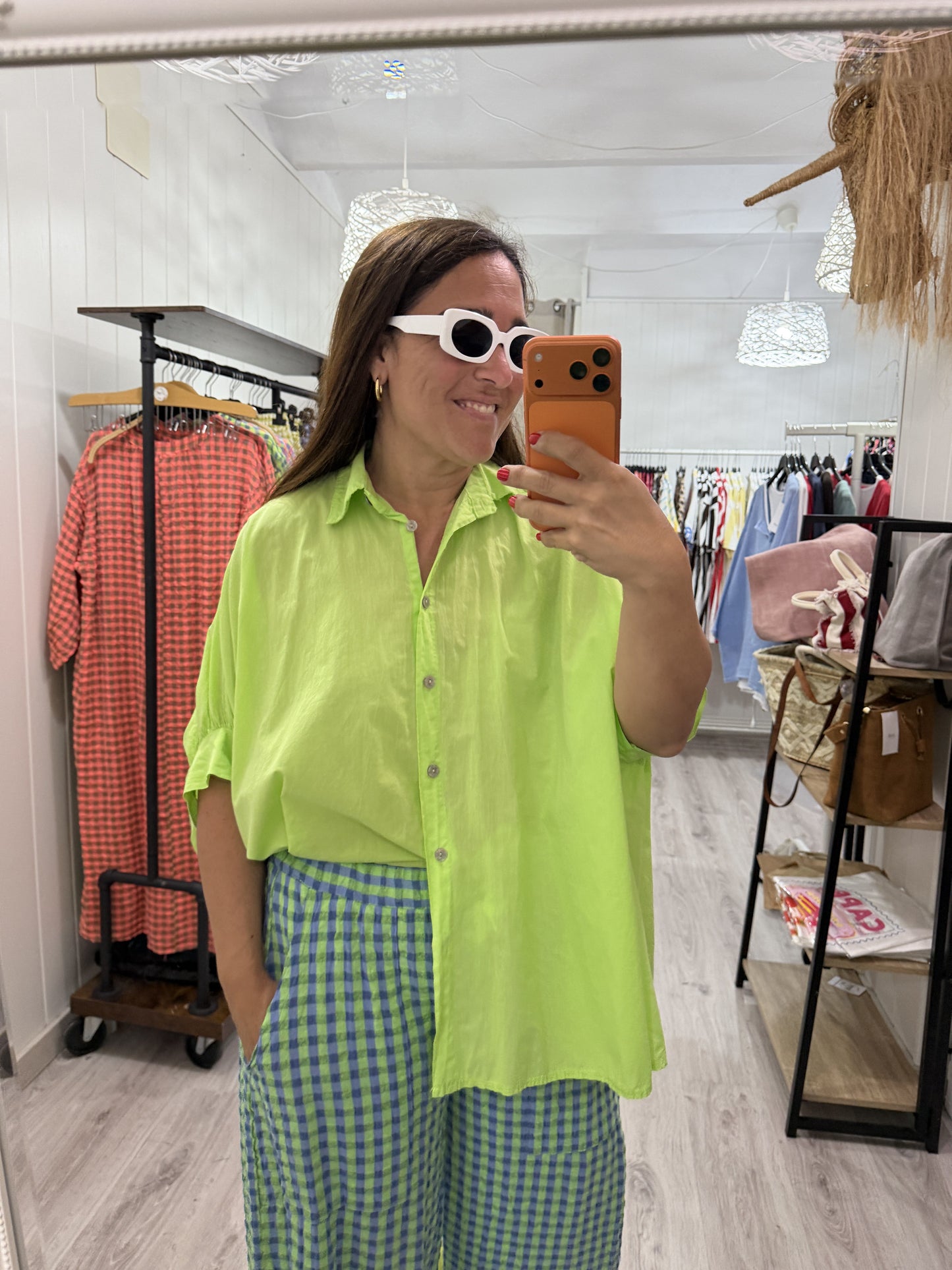 Pantalón vichy fluor verde y azul