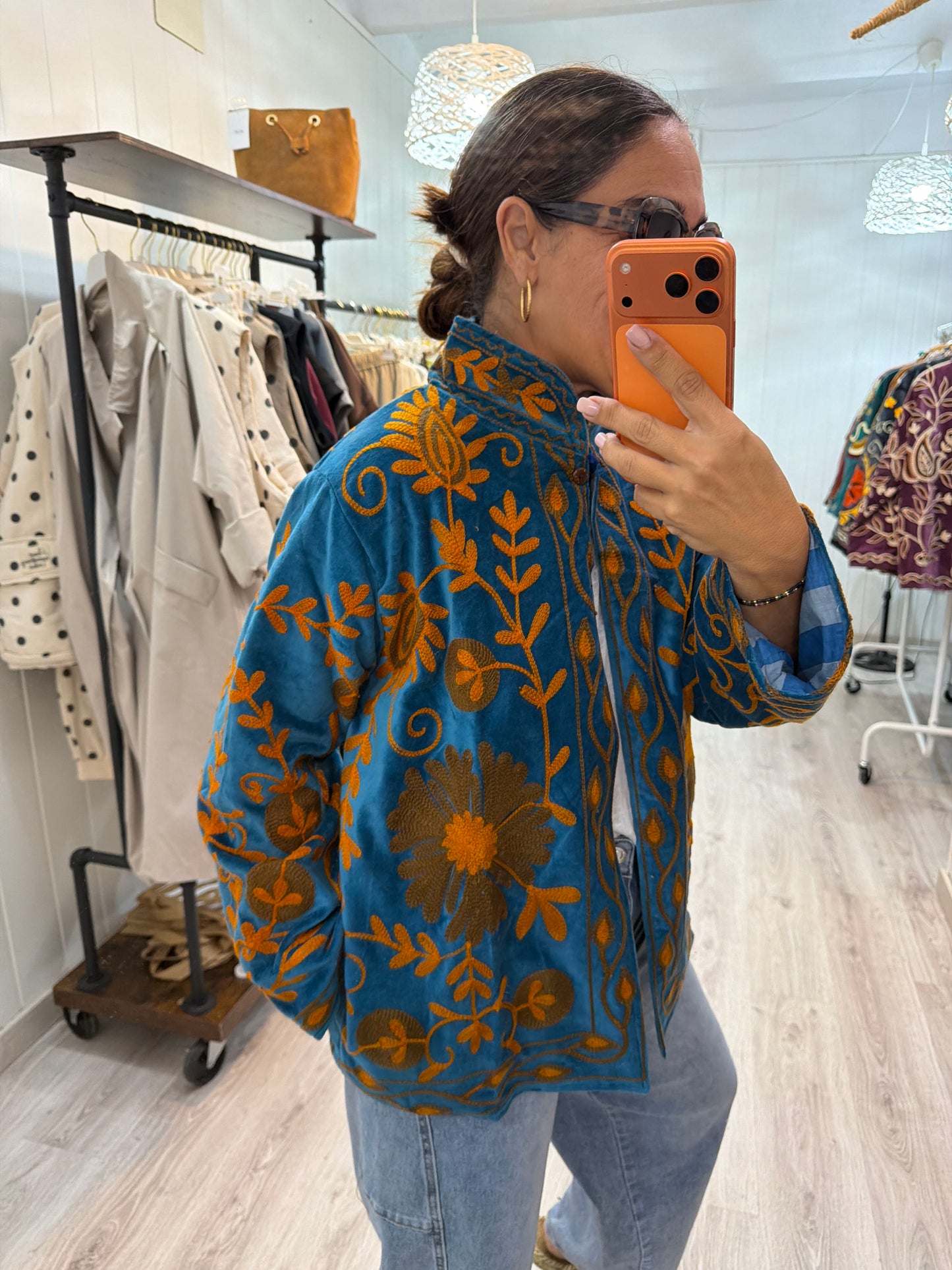 Chaqueta Suzani terciopelo azul y ocre