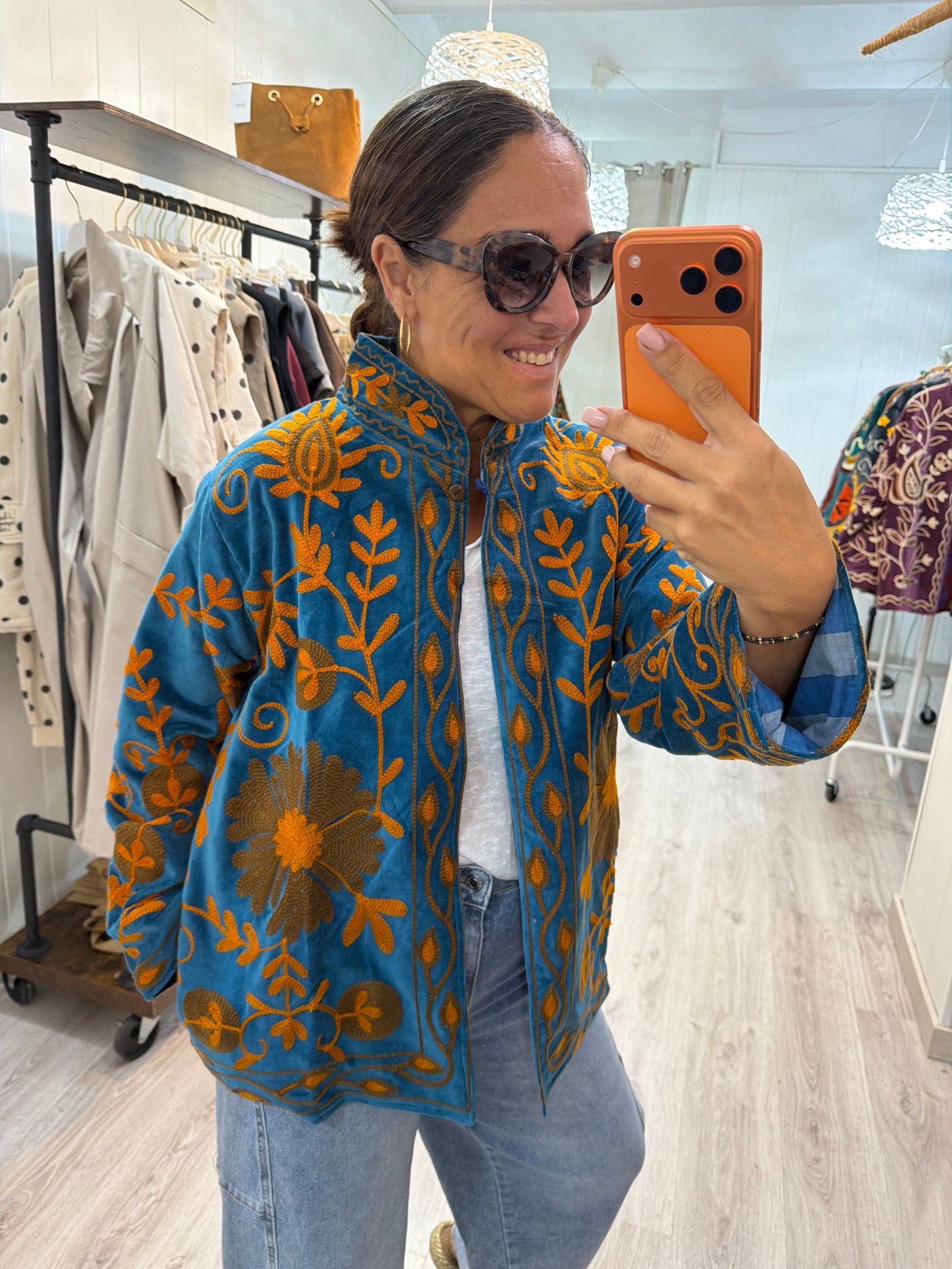 Chaqueta Suzani terciopelo azul y ocre