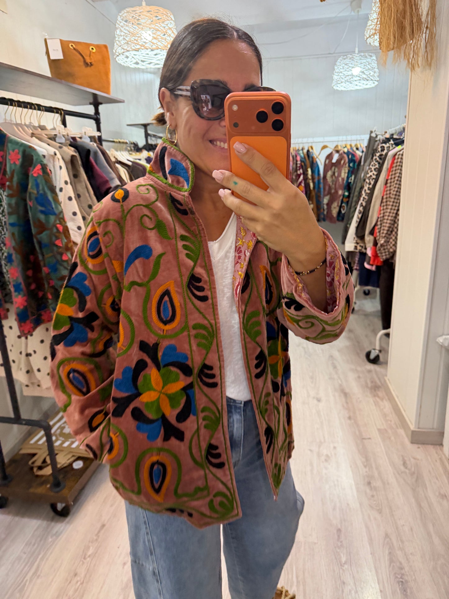 Chaqueta Suzani terciopelo rosado,