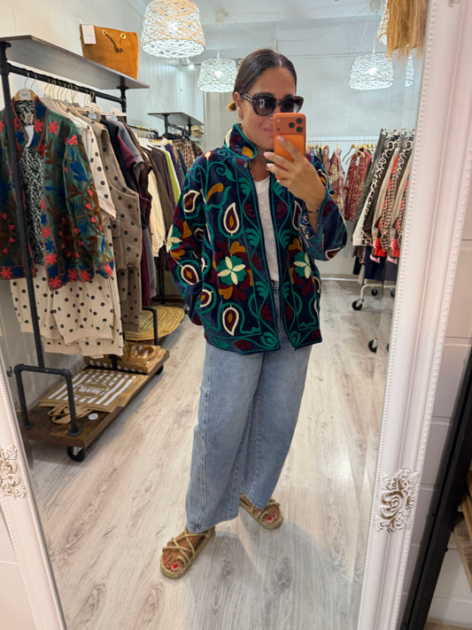 Chaqueta Suzani terciopelo petróleo, burdeos y mostaza