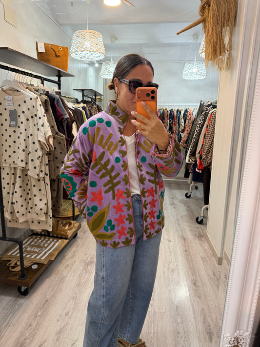 Chaqueta Suzani terciopelo lila, verde, salmón