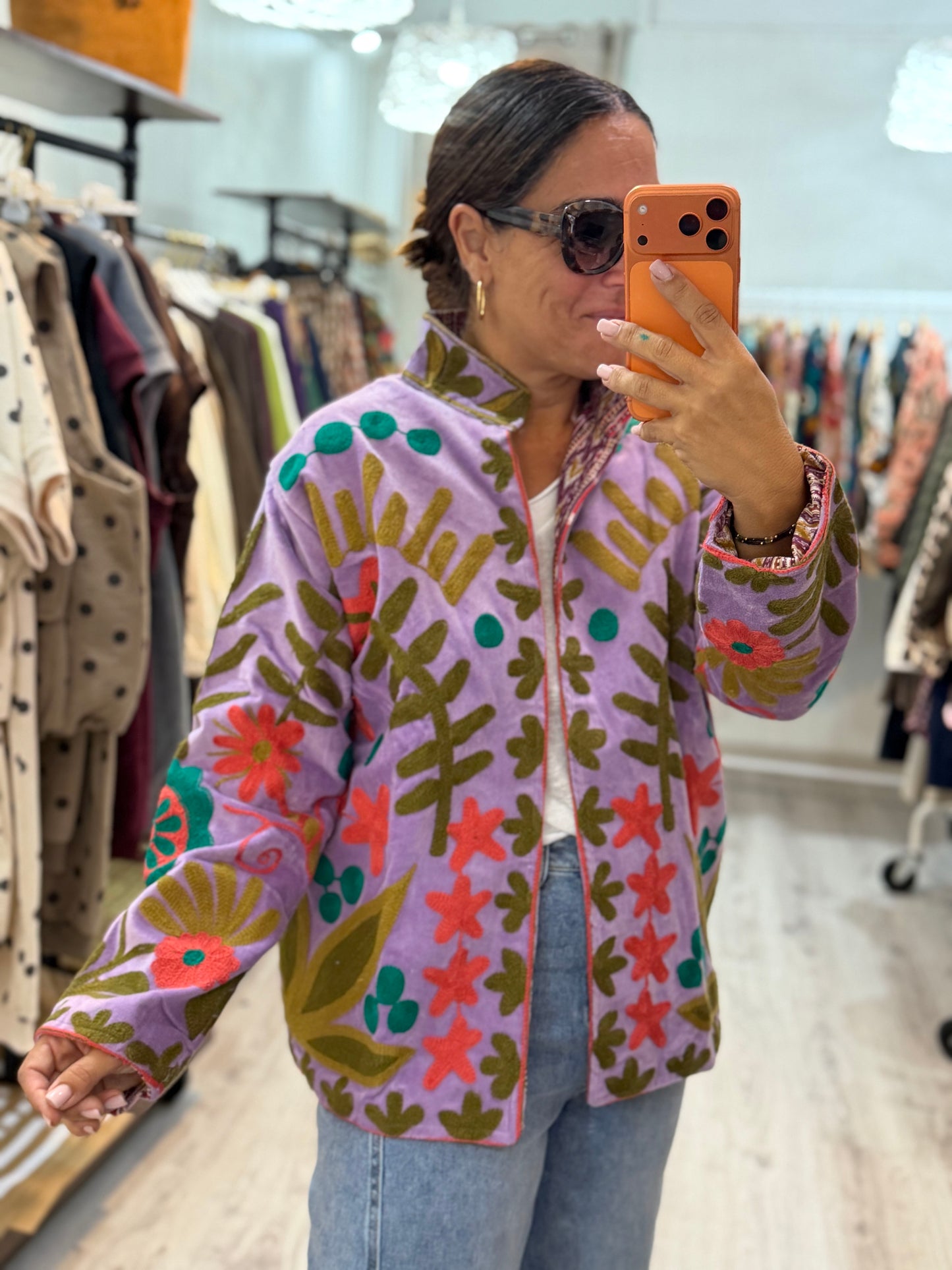 Chaqueta Suzani terciopelo lila, verde, salmón