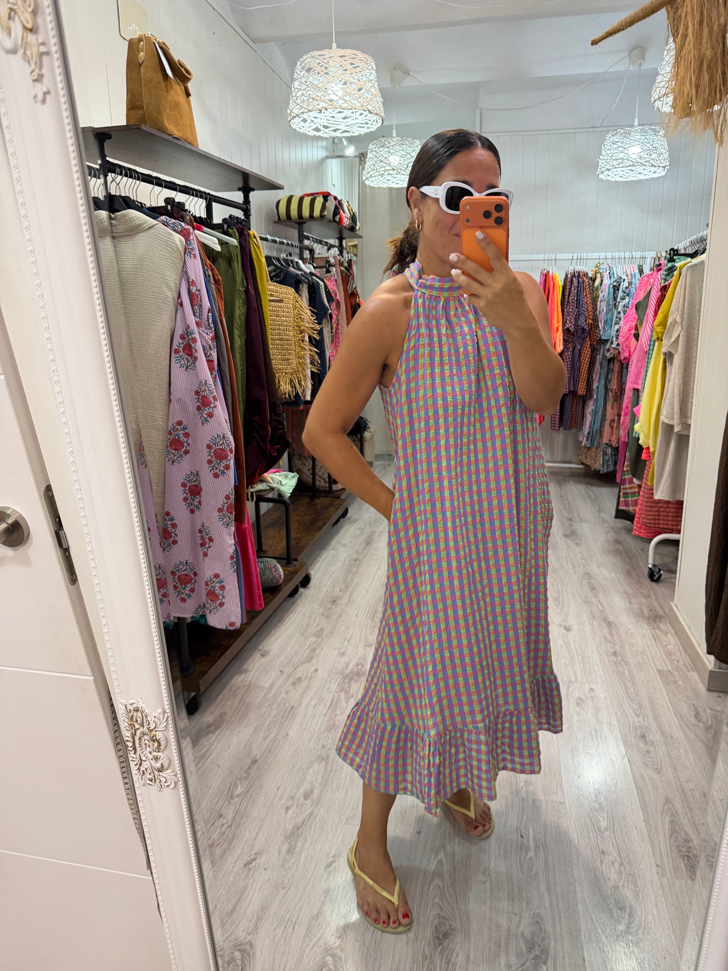 Vestido Cuello halter vichy fluor fucsia, lila y amarillo