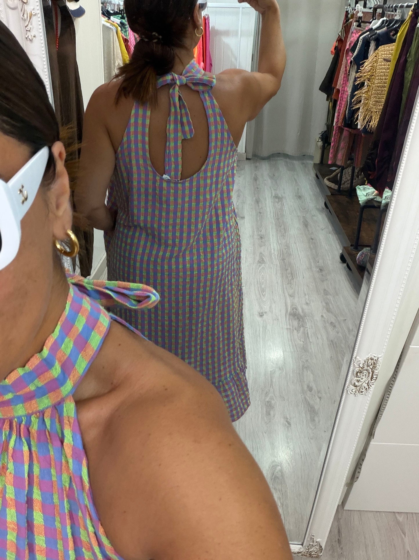 Vestido Cuello halter vichy fluor fucsia, lila y amarillo