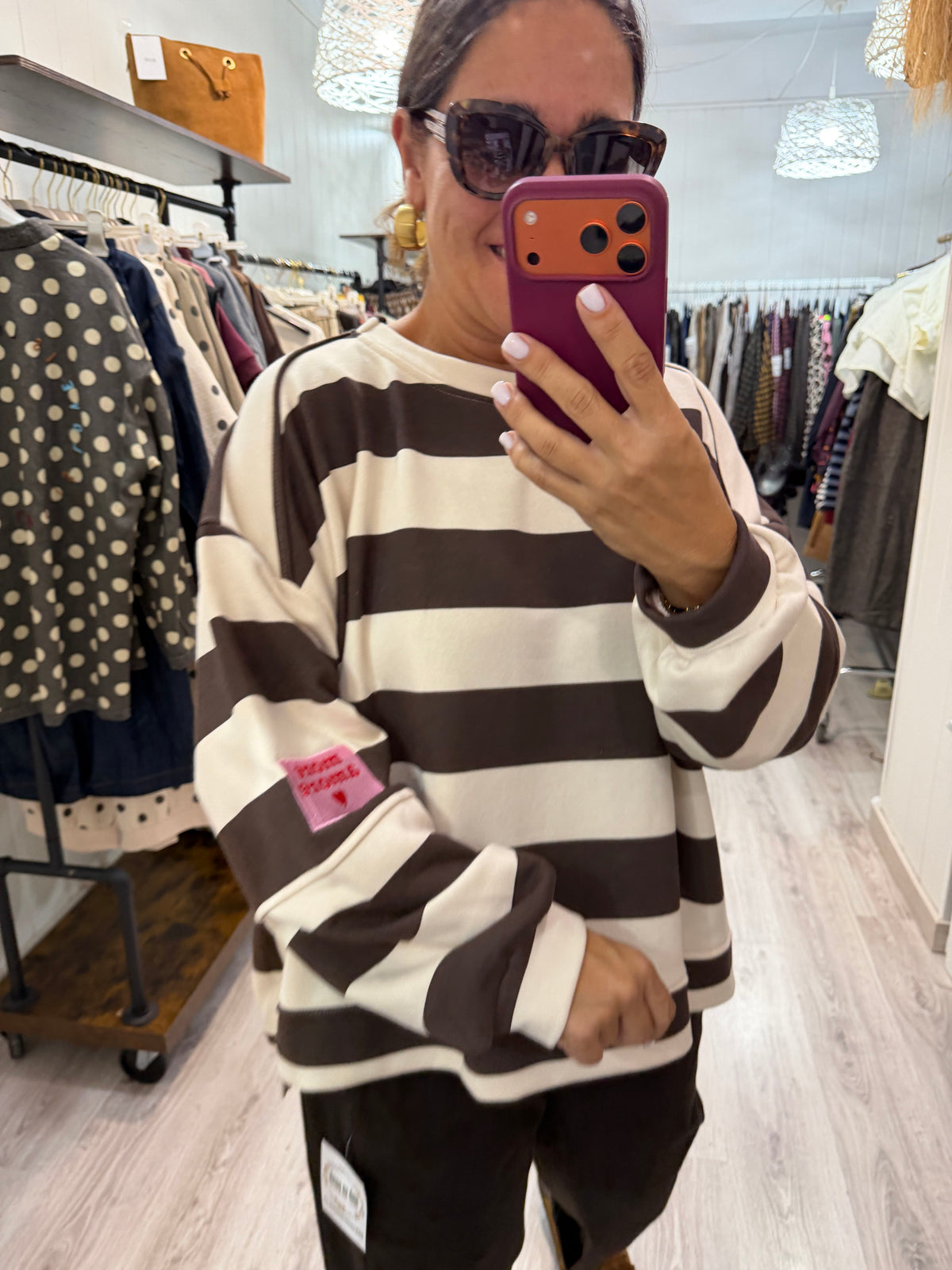 Sudadera Oversize rayas more amore chocolate y beige