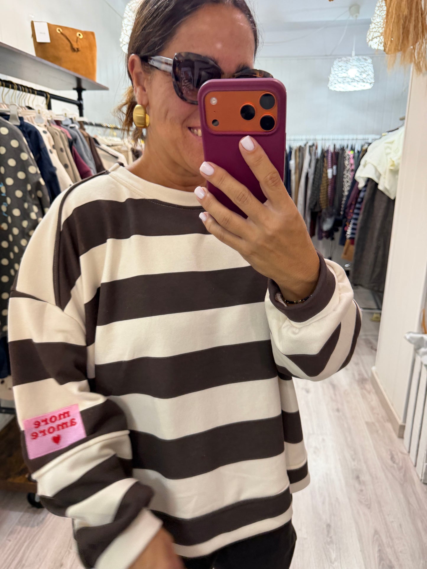 Sudadera Oversize rayas more amore chocolate y beige