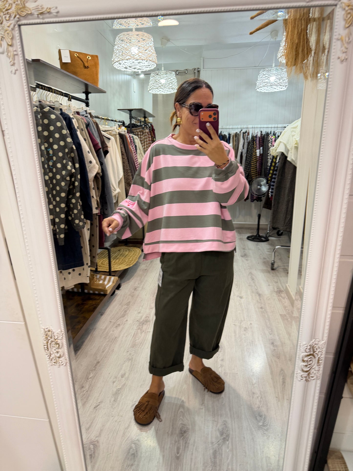 Sudadera Oversize rayas more amore rosa y kaki