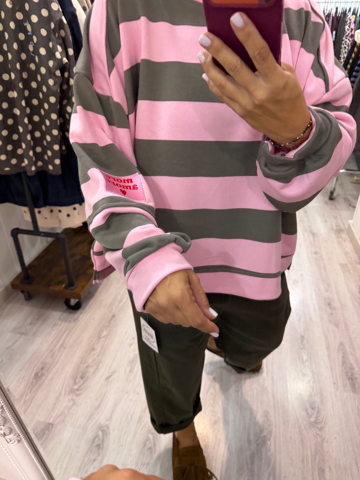 Sudadera Oversize rayas more amore rosa y kaki