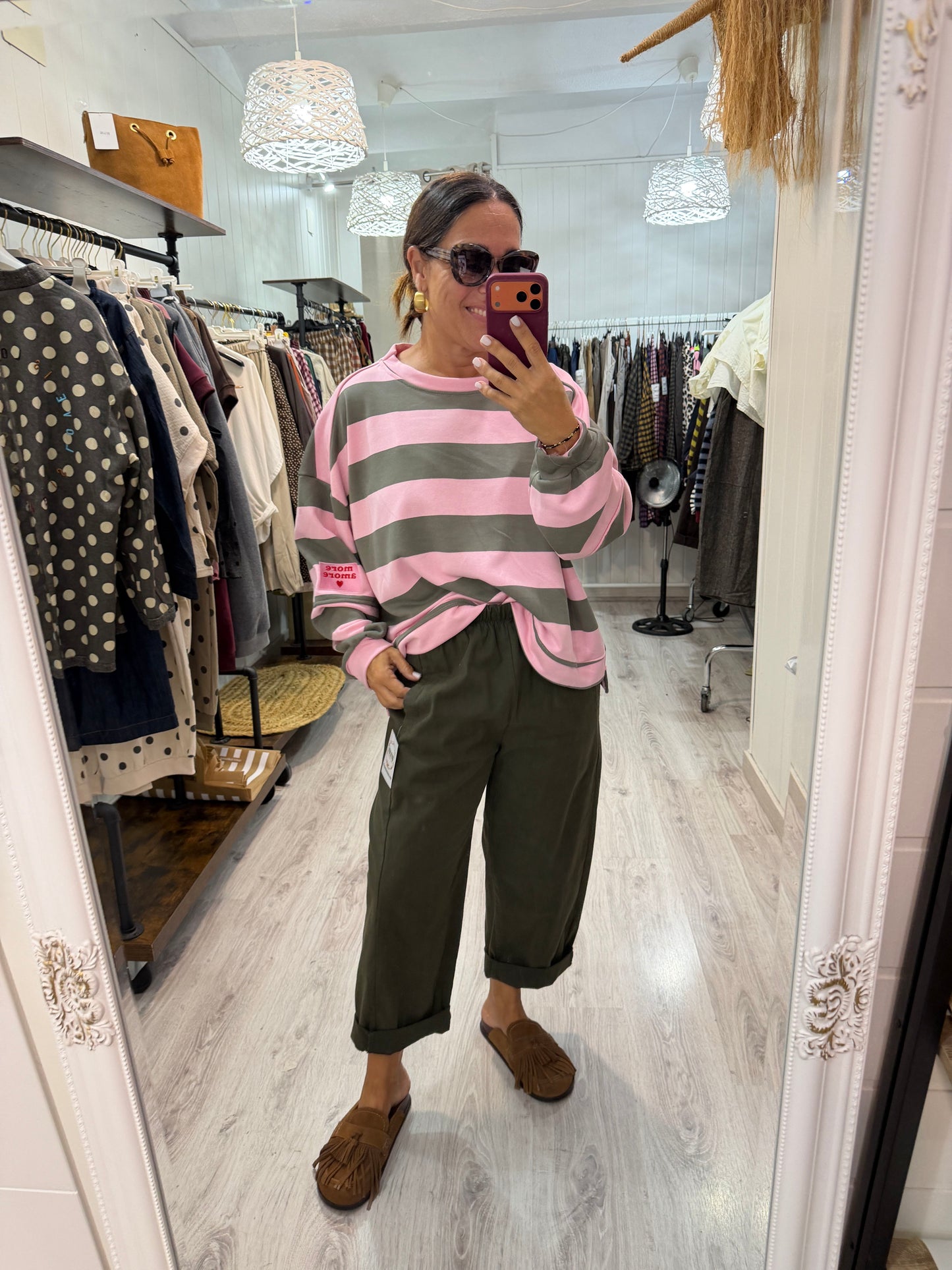 Sudadera Oversize rayas more amore rosa y kaki