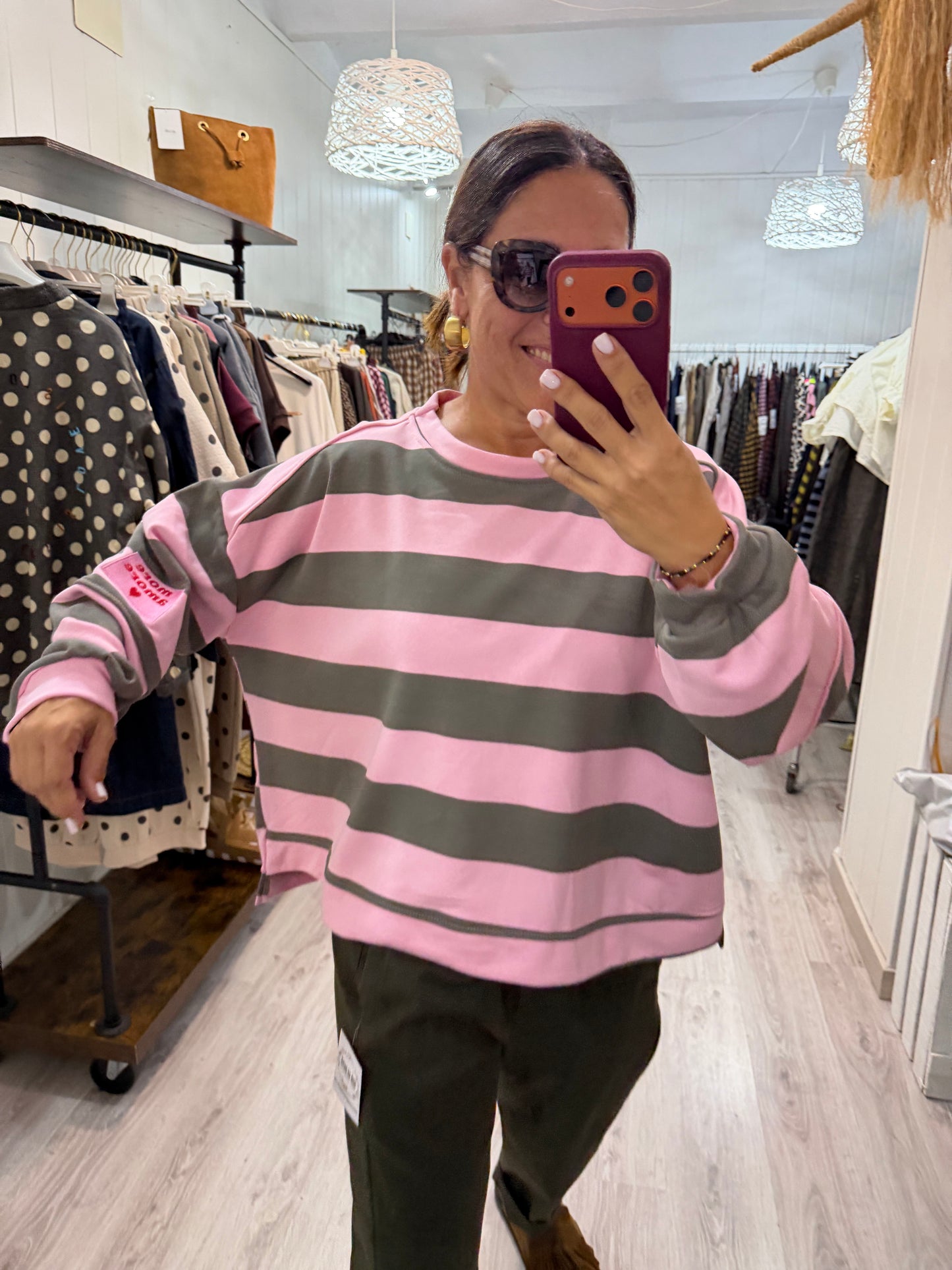 Sudadera Oversize rayas more amore rosa y kaki