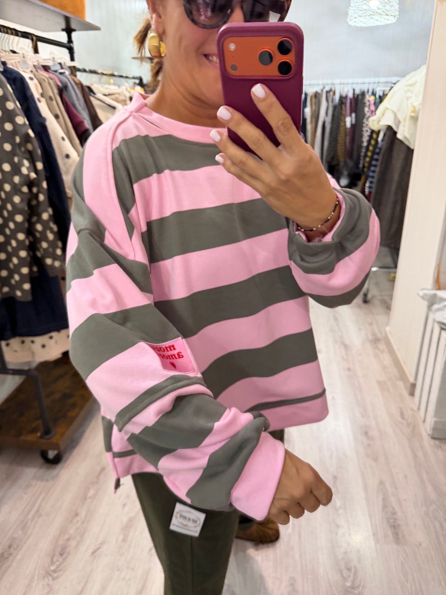 Sudadera Oversize rayas more amore rosa y kaki