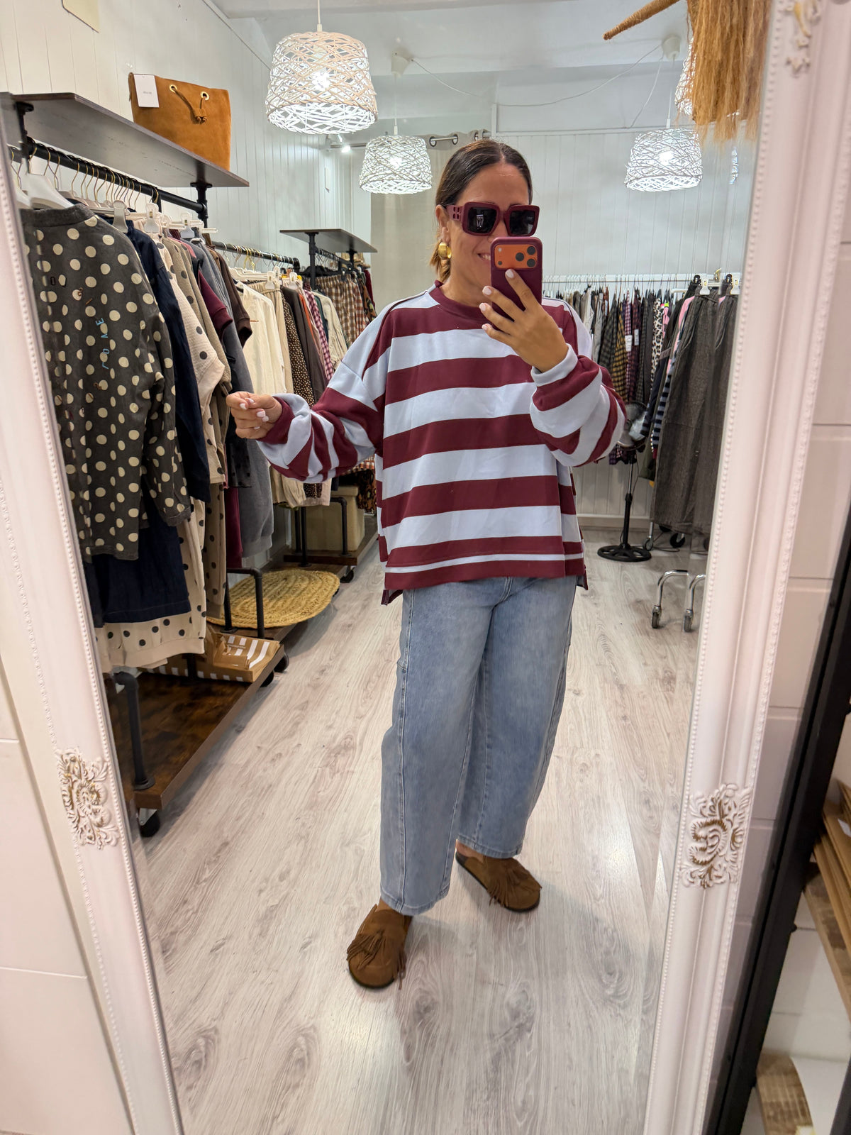 Sudadera Oversize rayas more amore cielo y burdeos