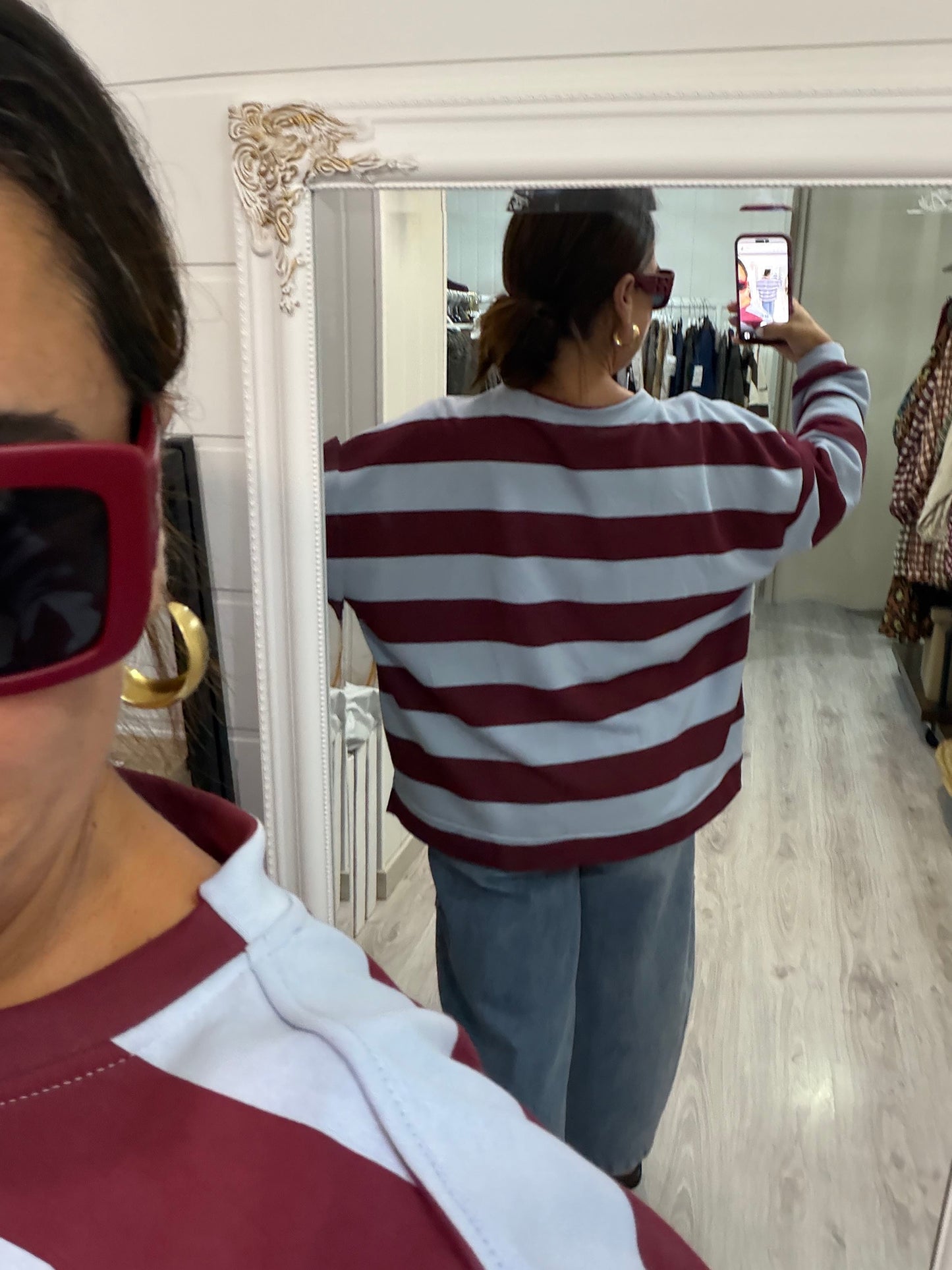 Sudadera Oversize rayas more amore cielo y burdeos