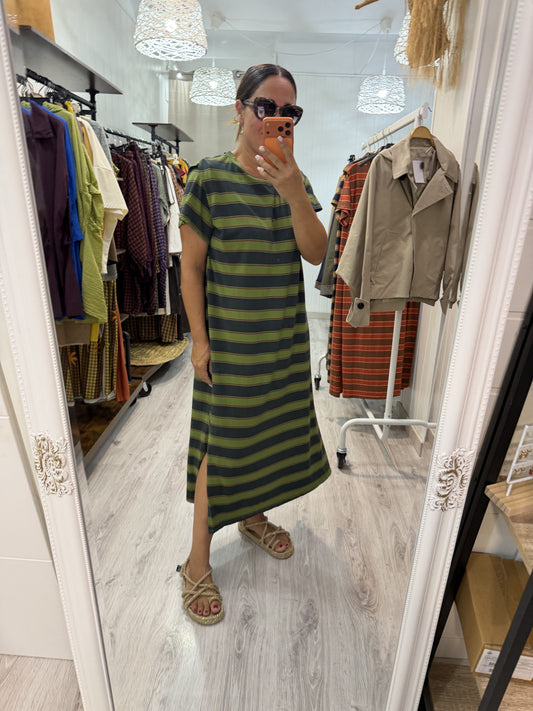 Vestido Verona pistacho, verde y burdeos