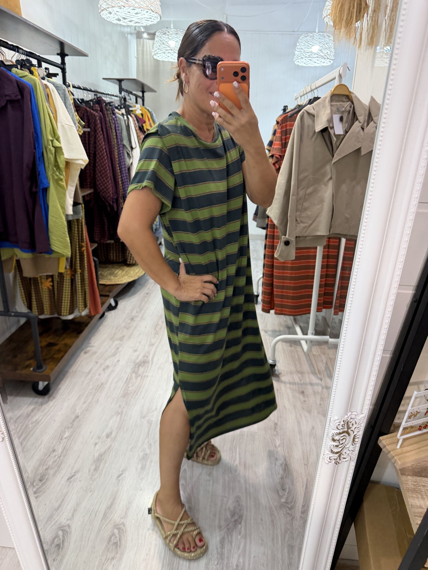 Vestido Verona pistacho, verde y burdeos