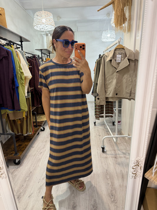 Vestido Verona marino, camel y burdeos