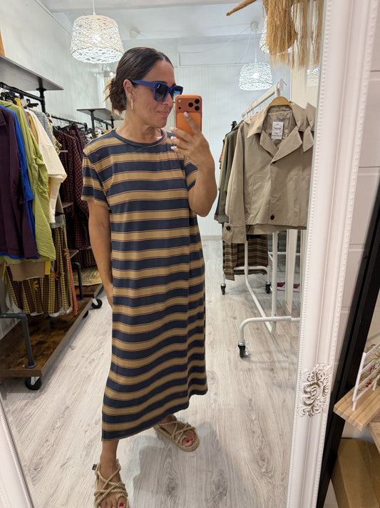 Vestido Verona marino, camel y burdeos