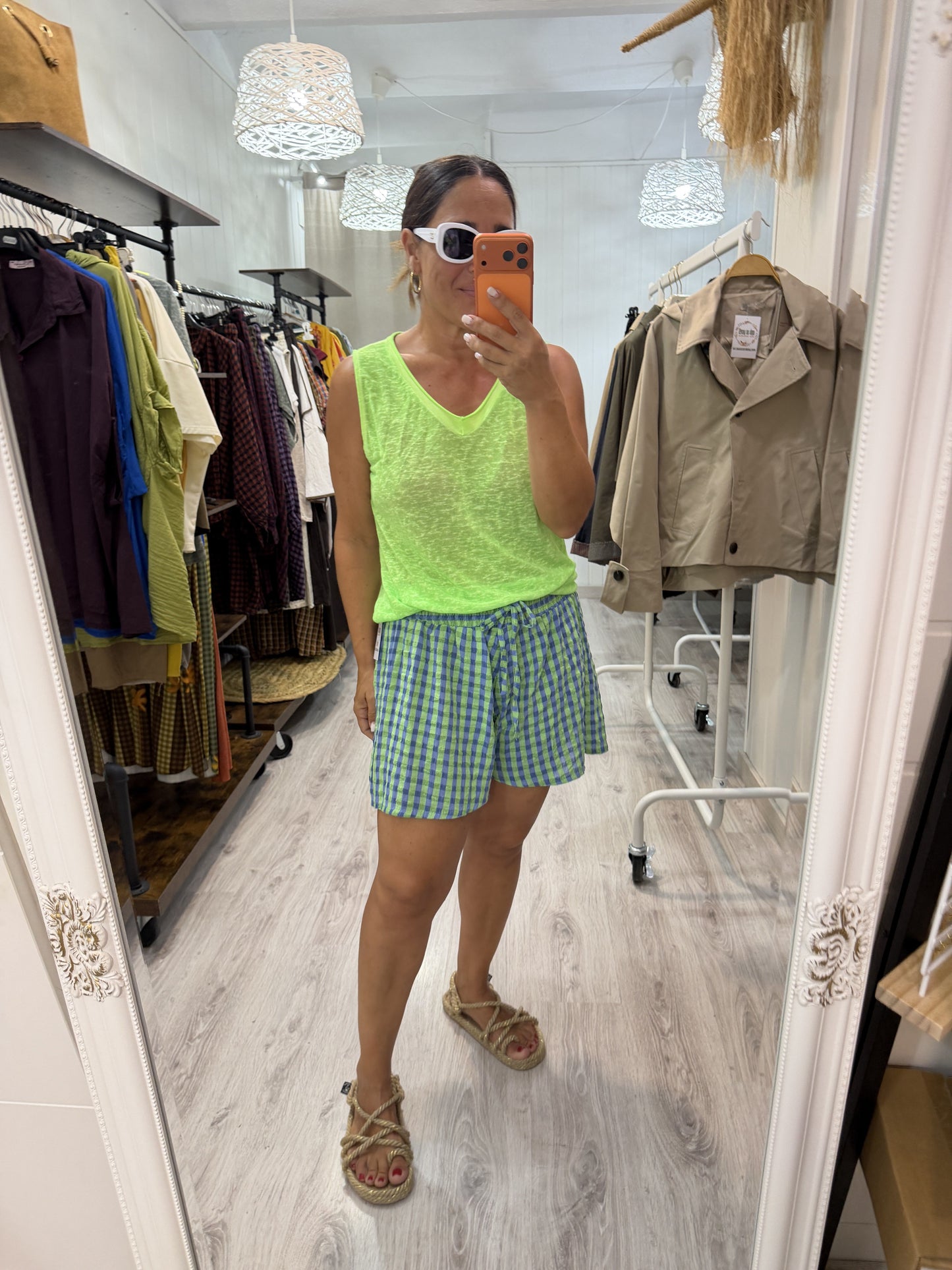 Short efecto falda vichy fluor azul y verde