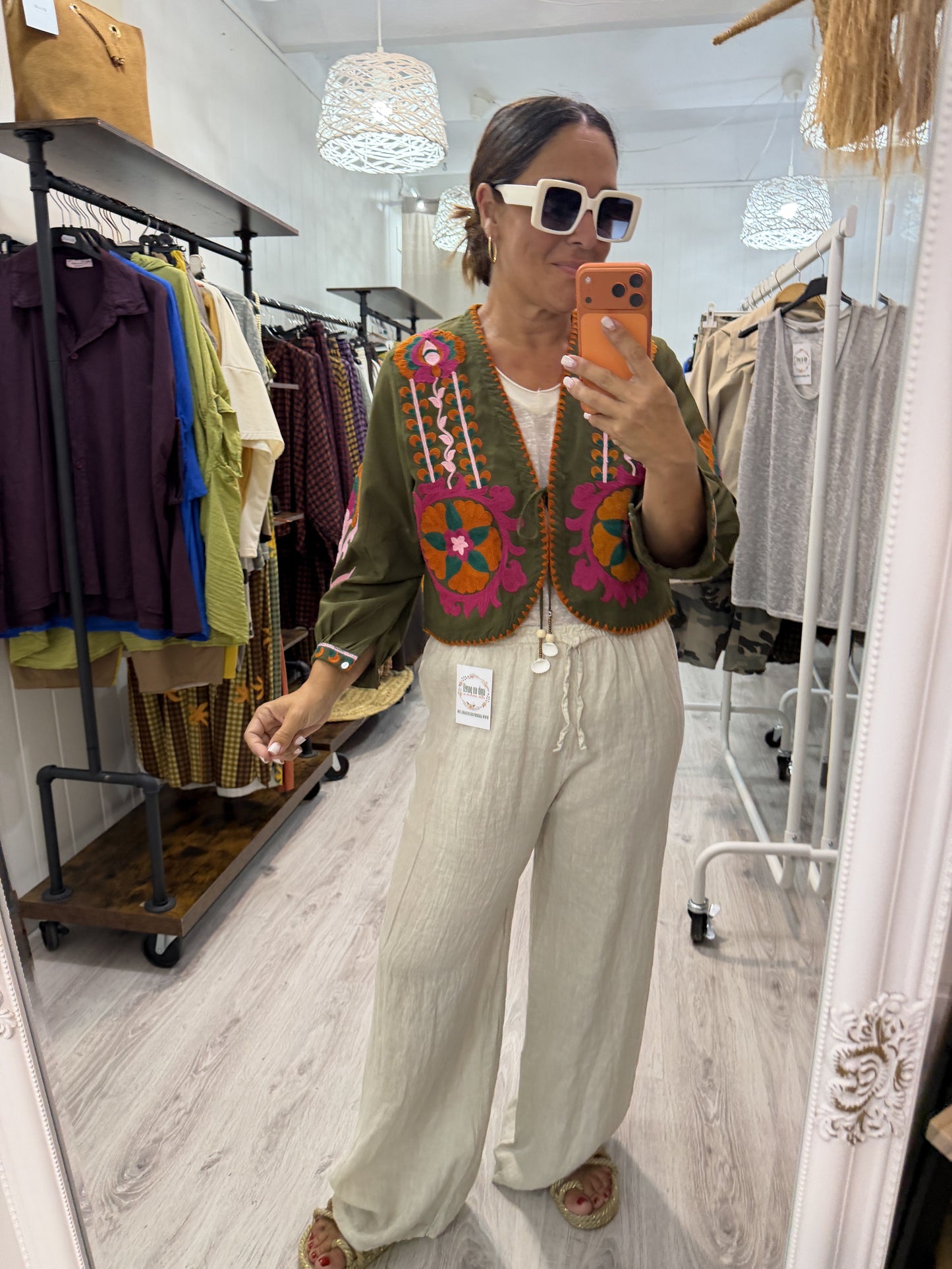 Chaqueta Boho bordada buganvilla kaki