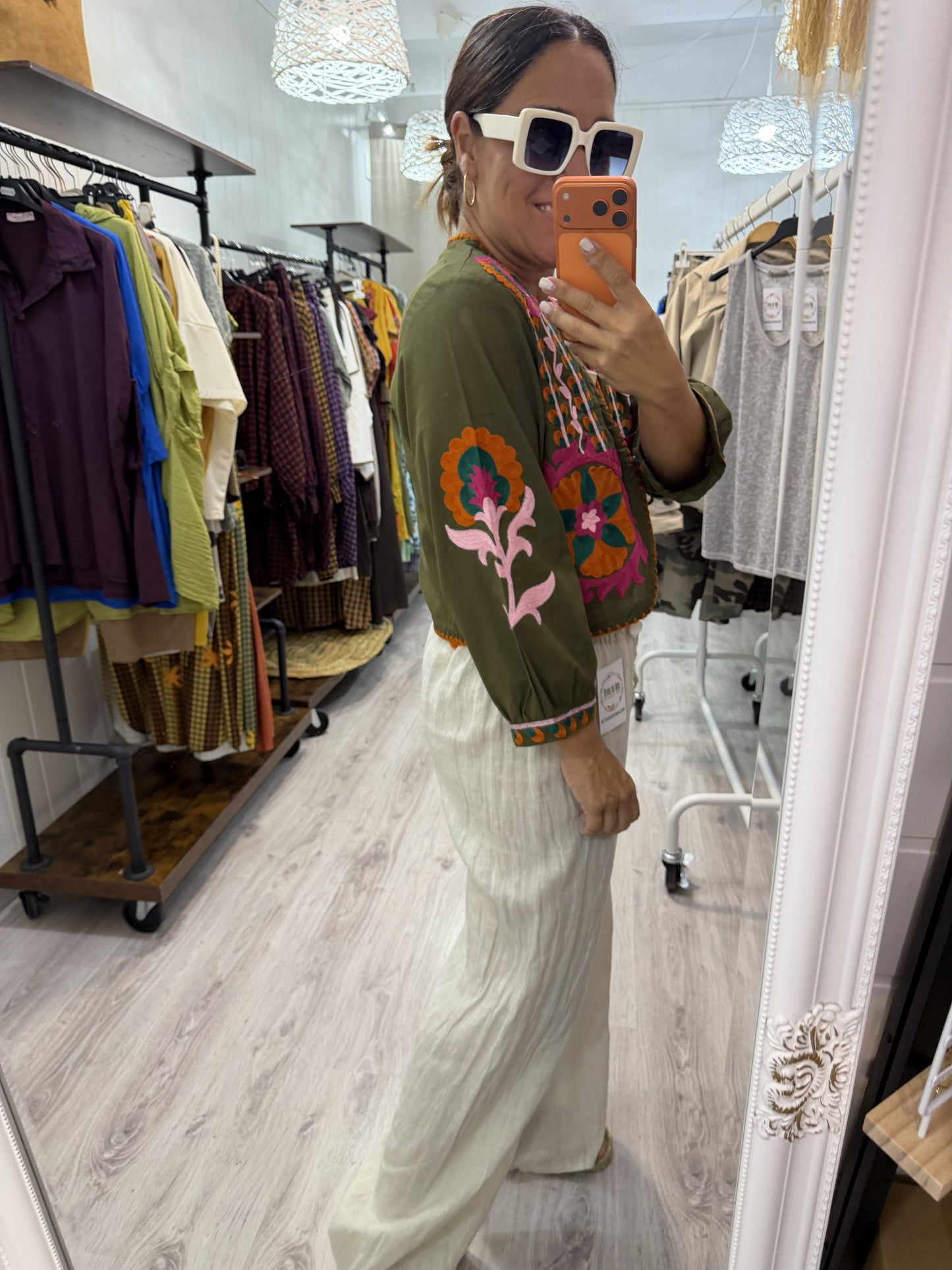 Chaqueta Boho bordada buganvilla kaki