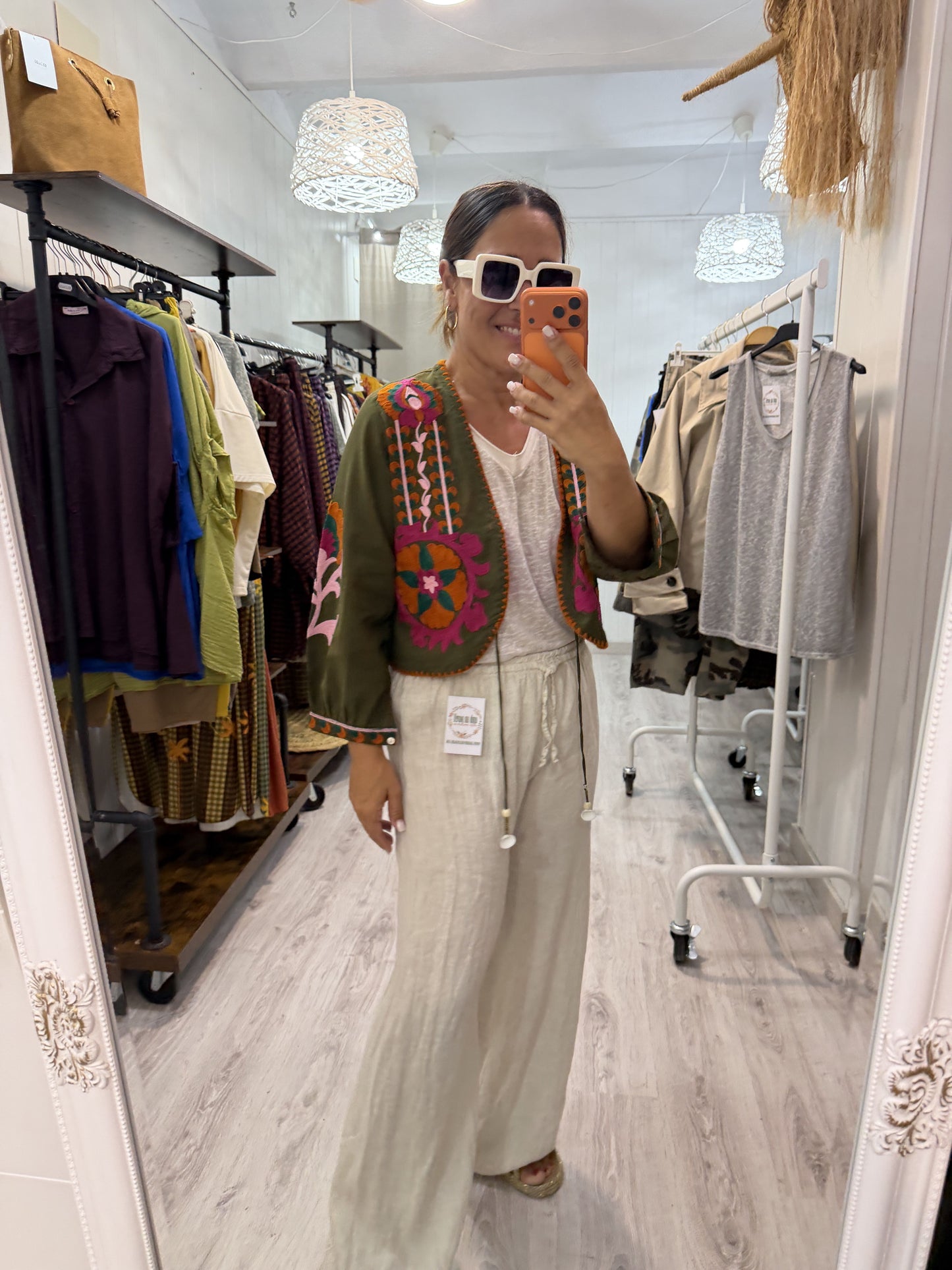 Chaqueta Boho bordada buganvilla kaki