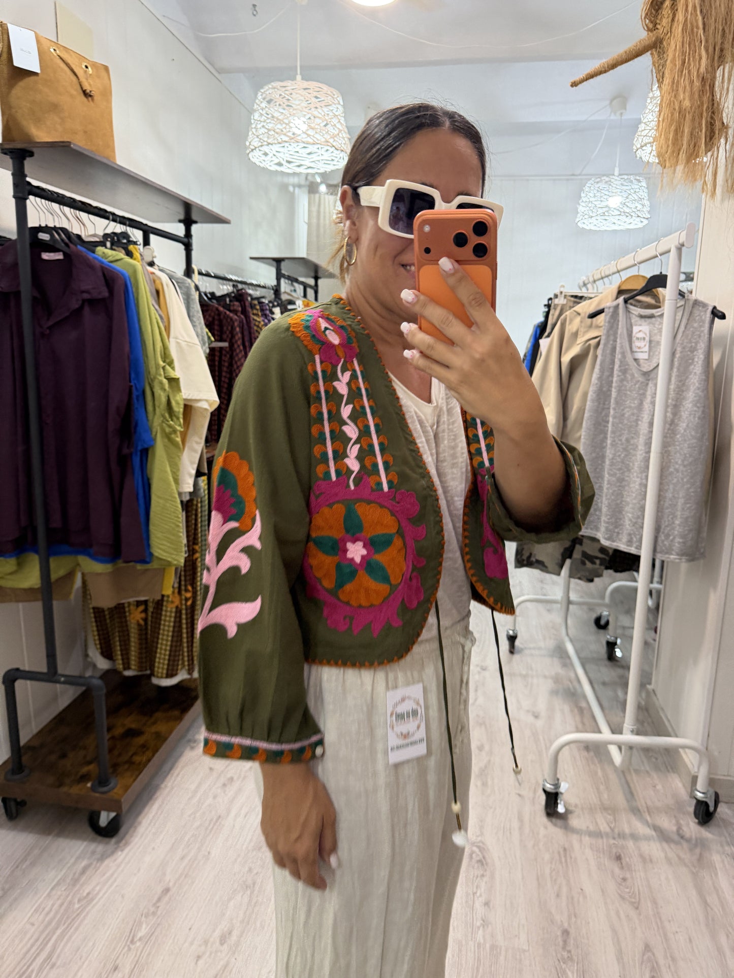 Chaqueta Boho bordada buganvilla kaki