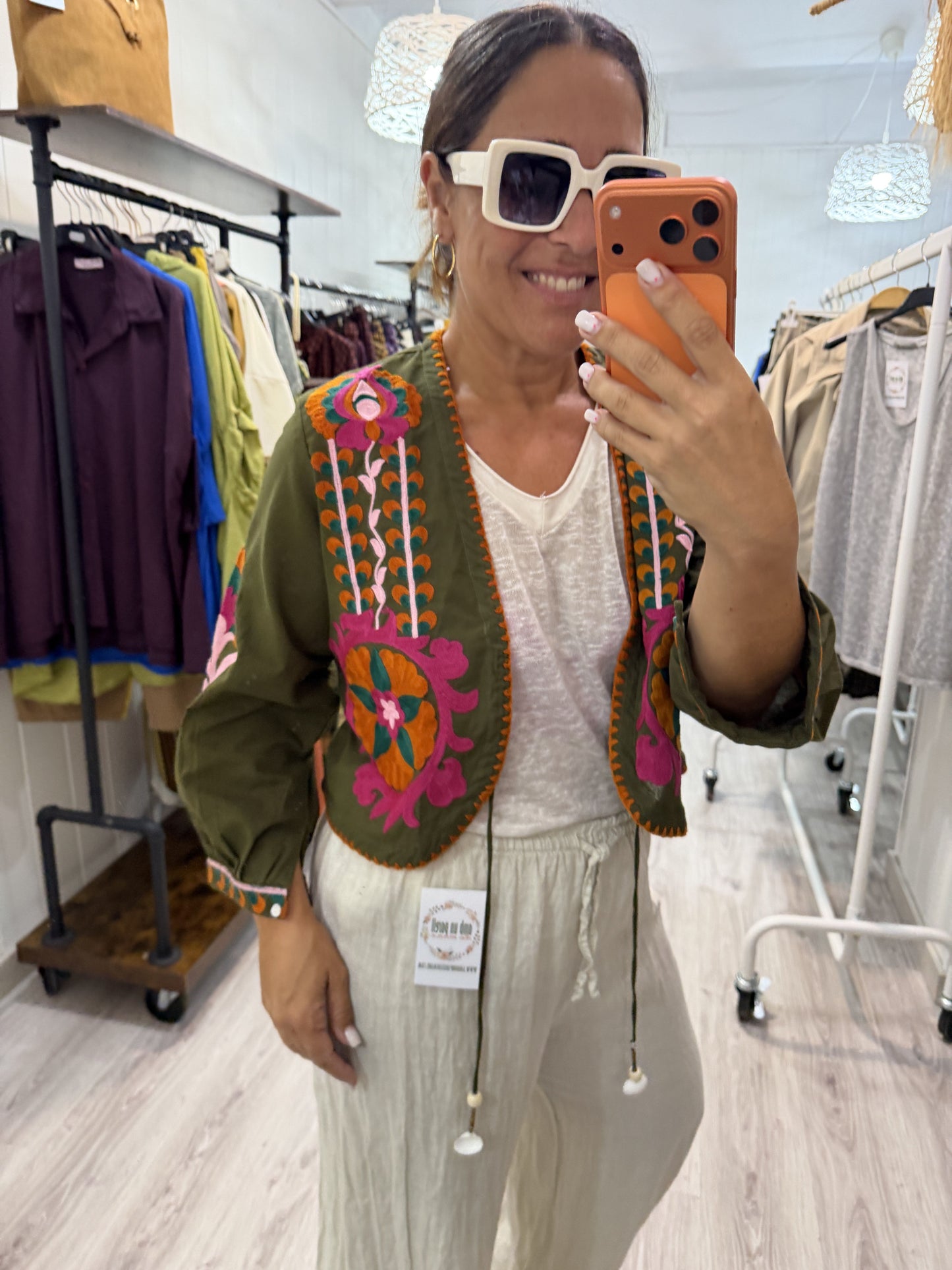 Chaqueta Boho bordada buganvilla kaki