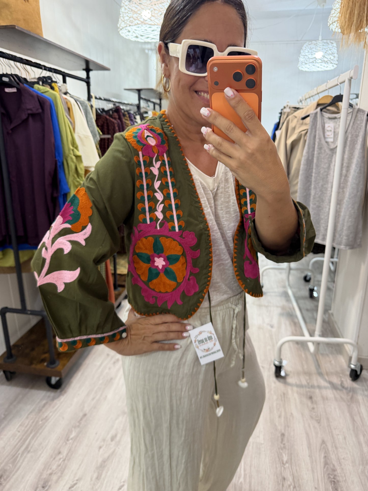 Chaqueta Boho bordada buganvilla kaki