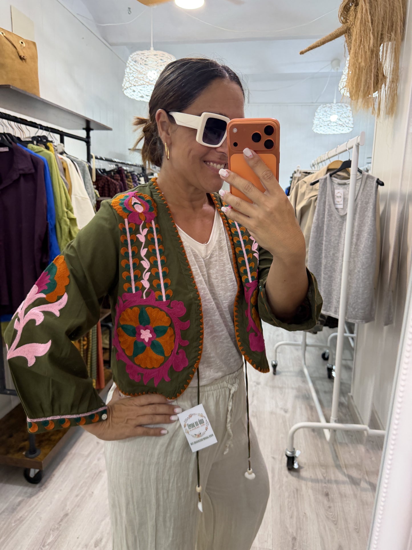 Chaqueta Boho bordada buganvilla kaki
