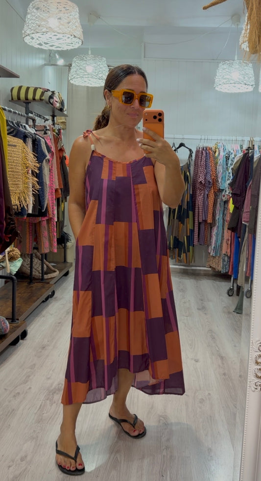 Vestido Geo berenjena y naranja