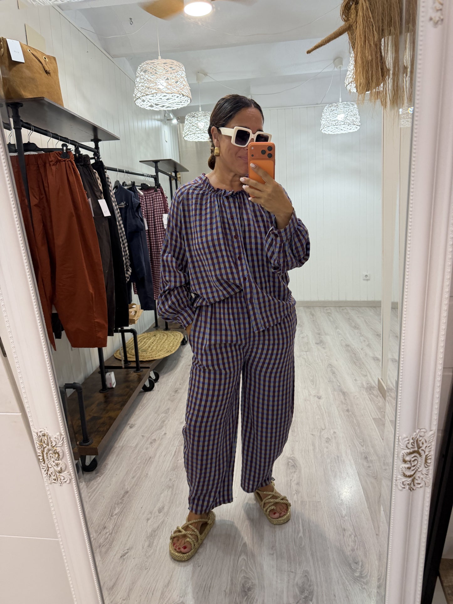 Pantalón Vichy Sena azul, taupe y burdeos