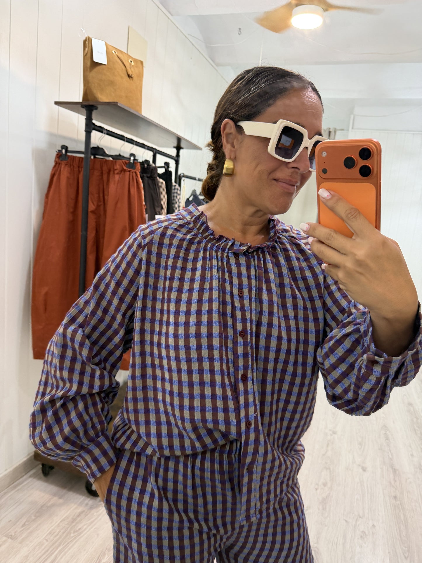 Pantalón Vichy Sena azul, taupe y burdeos