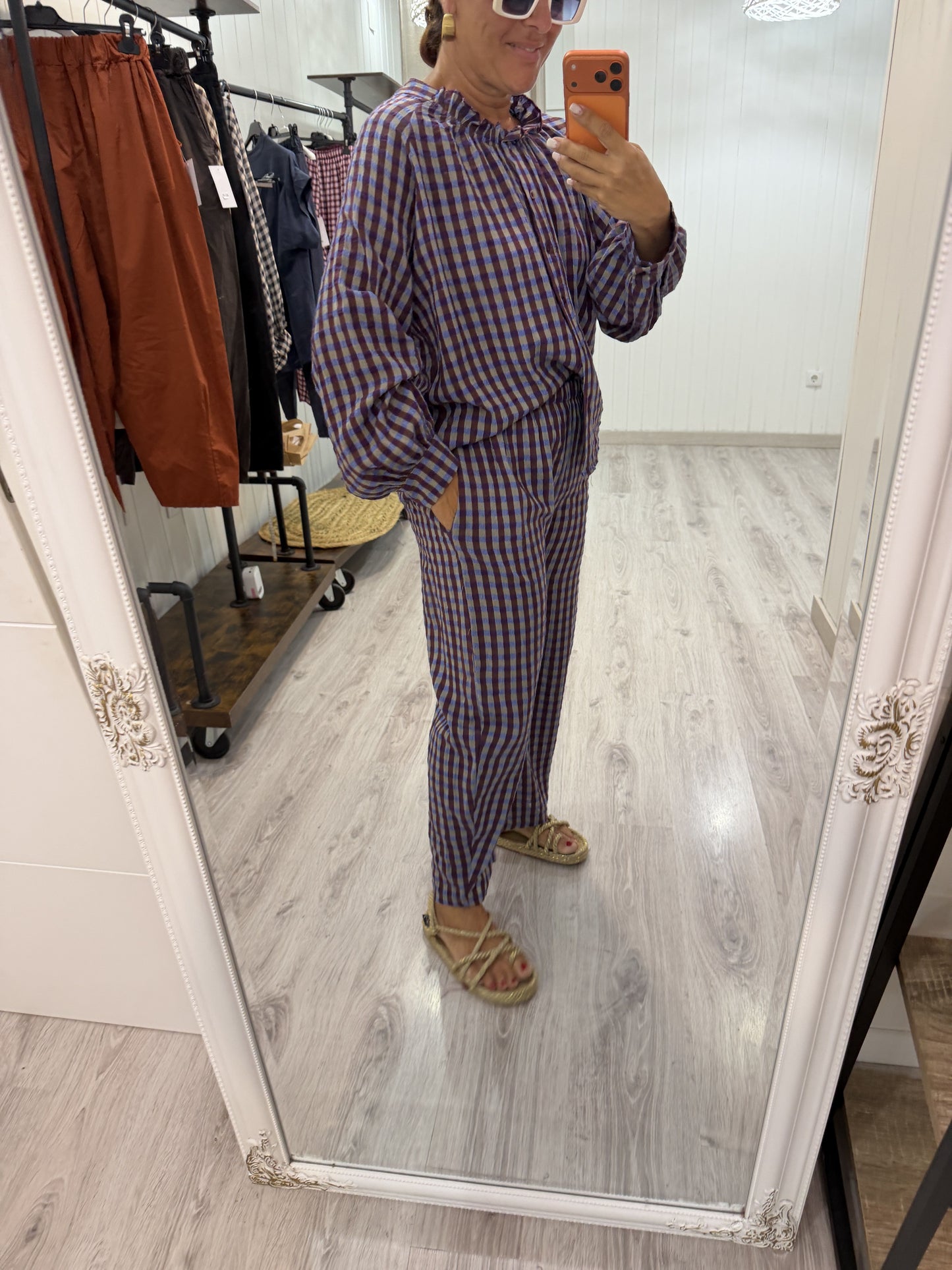 Pantalón Vichy Sena azul, taupe y burdeos