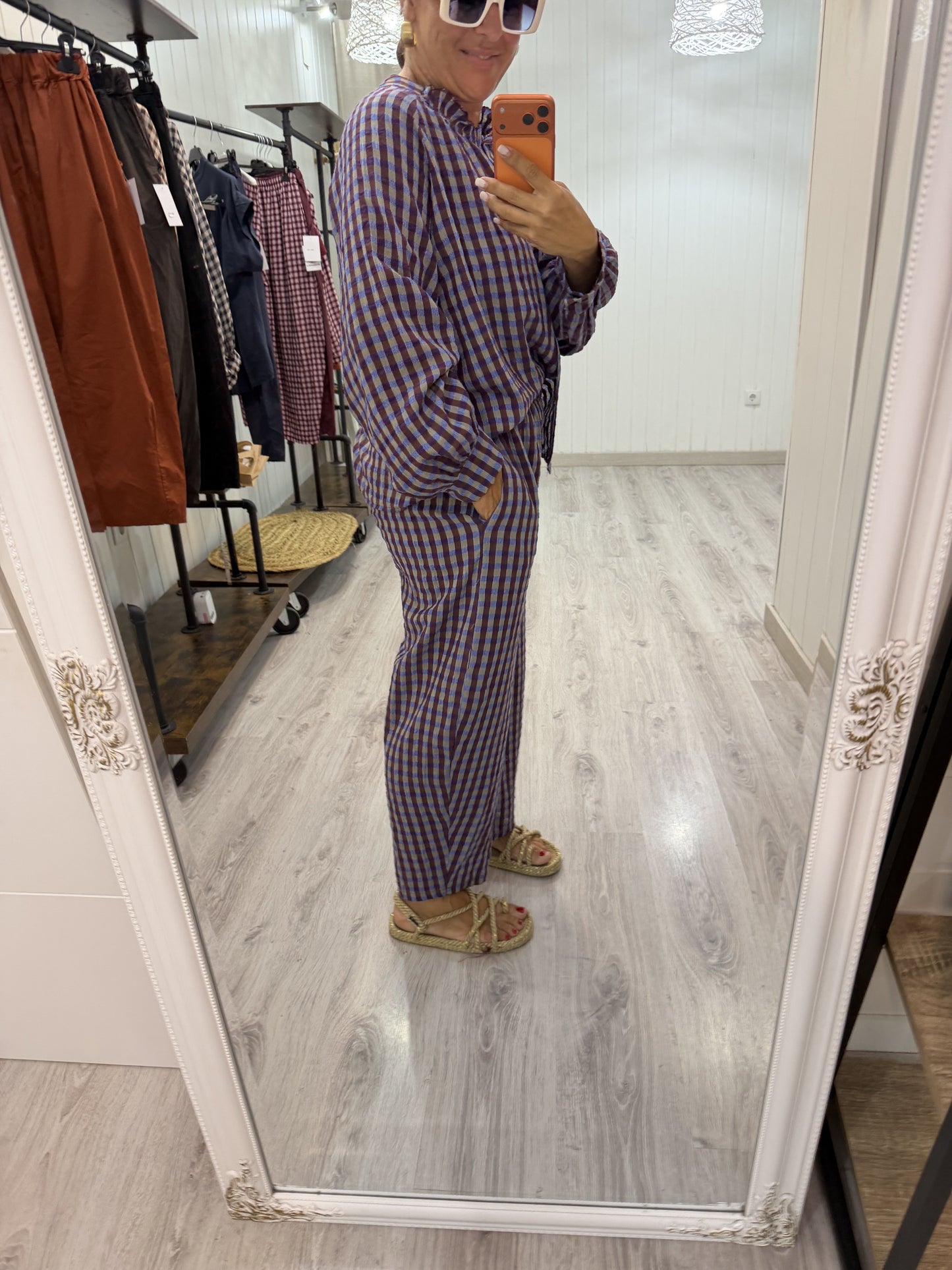 Pantalón Vichy Sena azul, taupe y burdeos