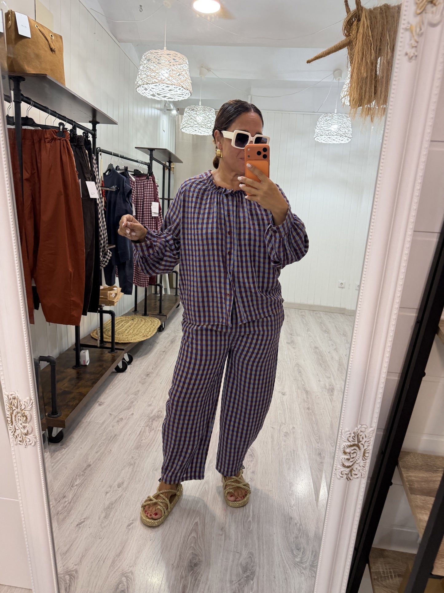 Pantalón Vichy Sena azul, taupe y burdeos