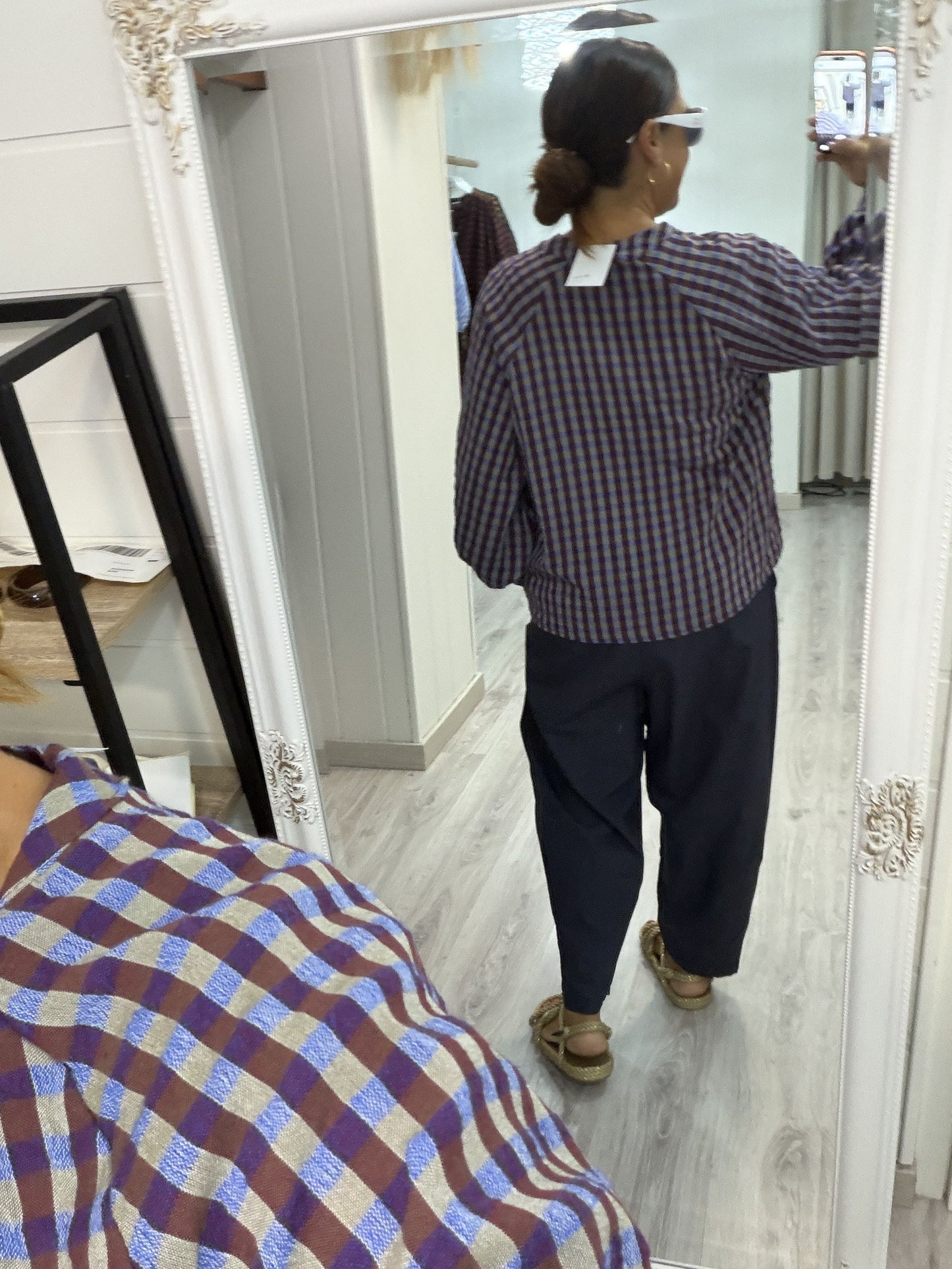 Blusa Vichy Sena azul, taupe y burdeos
