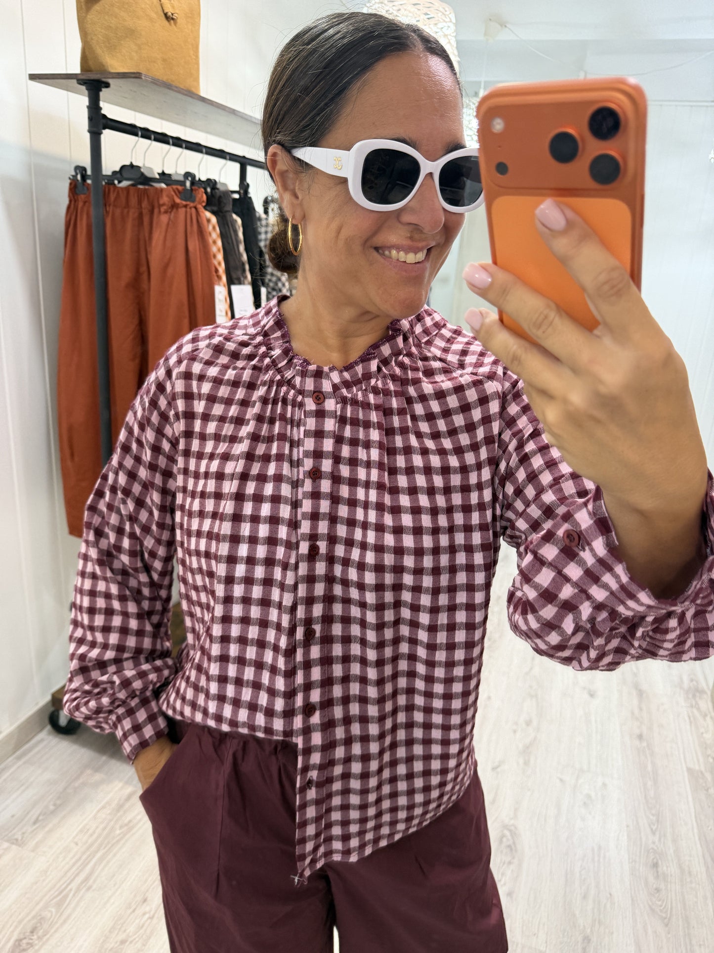 Blusa Vichy Sena burdeos y rosa