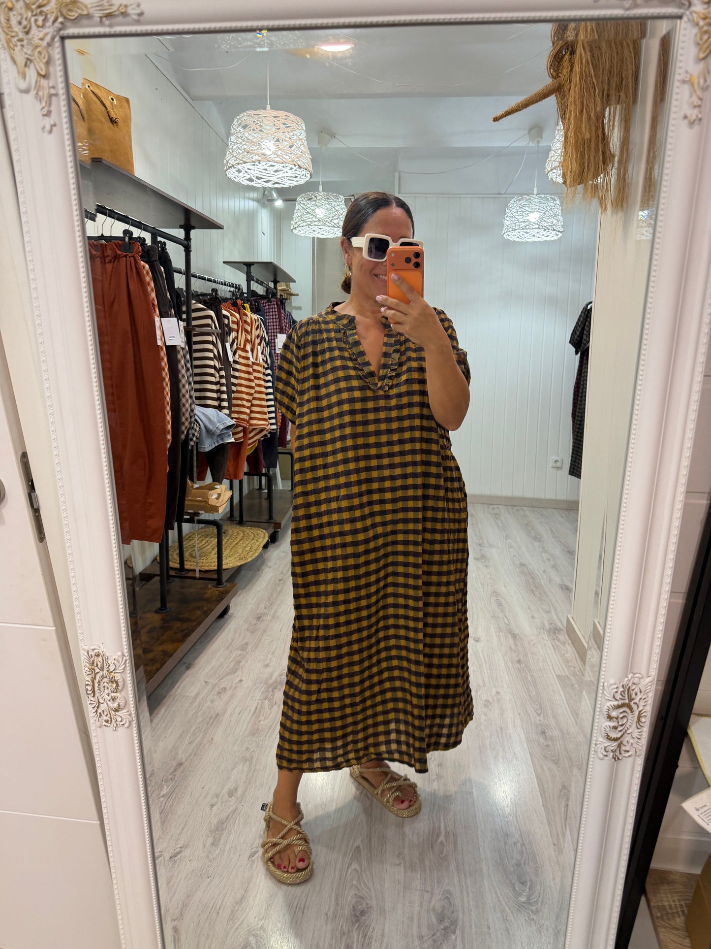 Vestido Puglia vichy mostaza y chocolate
