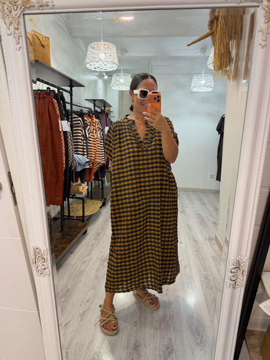 Vestido Puglia vichy mostaza y chocolate